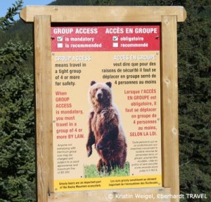 Grizzlybär Warnung an einem Wanderweg am Lake Moraine